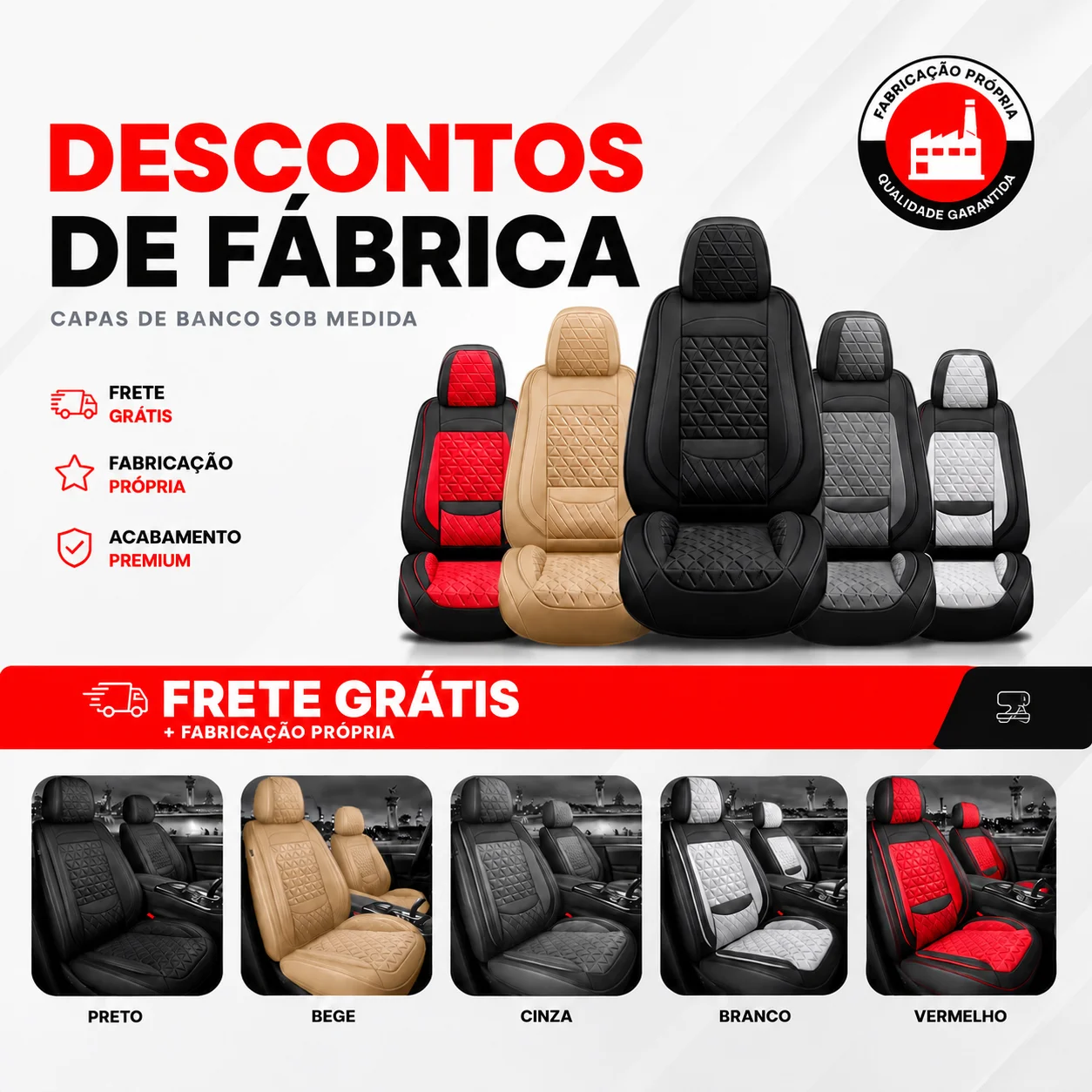 Descontos de fábrica em capas de banco sob medida nas cores preto, bege, cinza, branco e vermelho