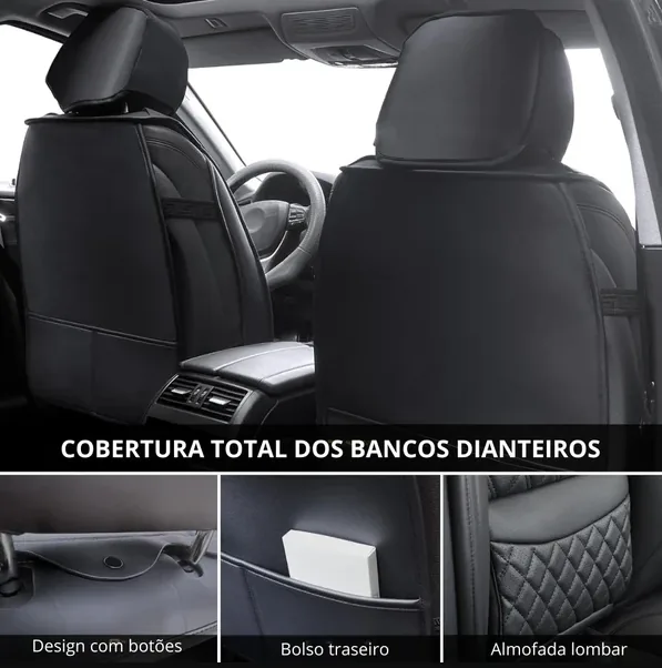 Capa preta cobrindo totalmente os bancos dianteiros, com botões, bolso traseiro e almofada lombar